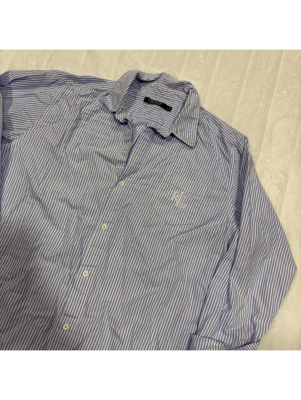 Lauren Ralph Lauren Striped Button Down Shirt Women L Cotton Blue White RL Logo